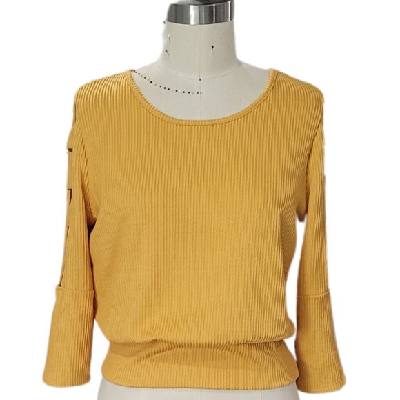 SUNBURST BCX LATTICE 3/4 SLEEVE CROP RIBBED TOP SIZE M - Picture 2 of 3